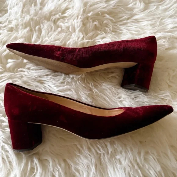 J. Crew | Avery Block Heel Pumps Velvet Pointed Toe Burgundy Red Holiday Size 8 - Picture 4 of 9